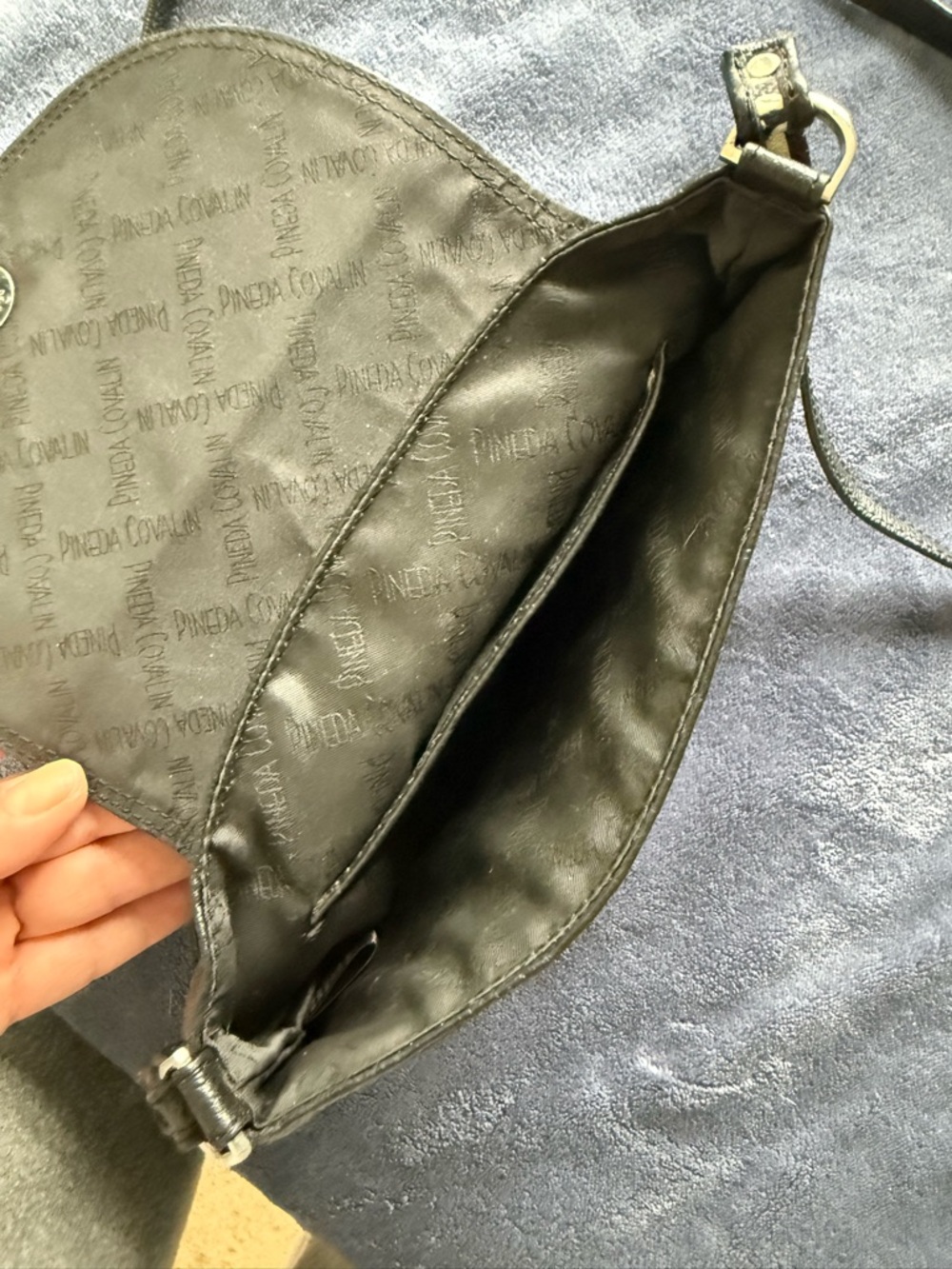 Leather Crossbody Bag with Butterfly Print Black & Cream by Pineda Covalin - Picture 9 of 13
